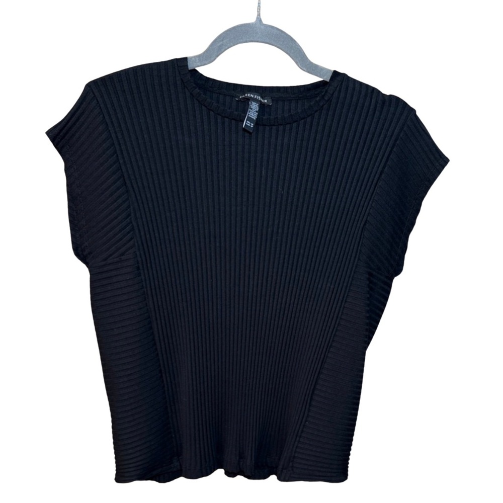 Eileen Fisher Black Ribbed Knit Tencel Shell Top Cap Sleeve XS